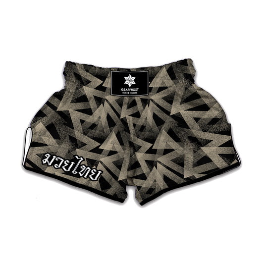 Black And Beige Geometric Triangle Print Muay Thai Boxing Shorts