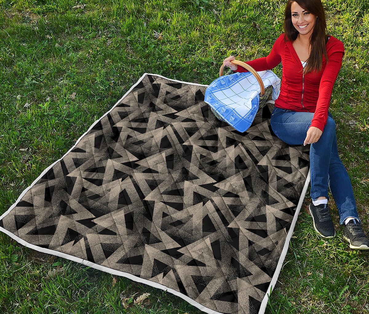 Black And Beige Geometric Triangle Print Quilt