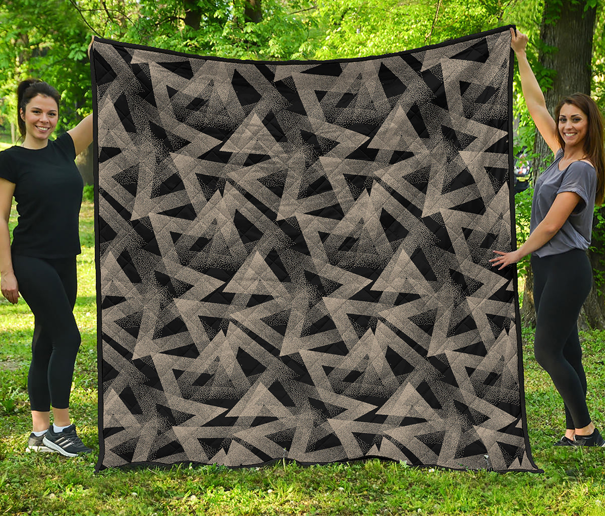 Black And Beige Geometric Triangle Print Quilt