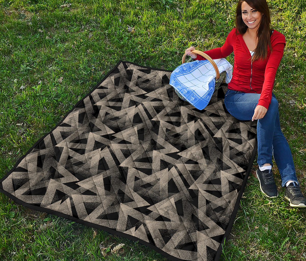 Black And Beige Geometric Triangle Print Quilt