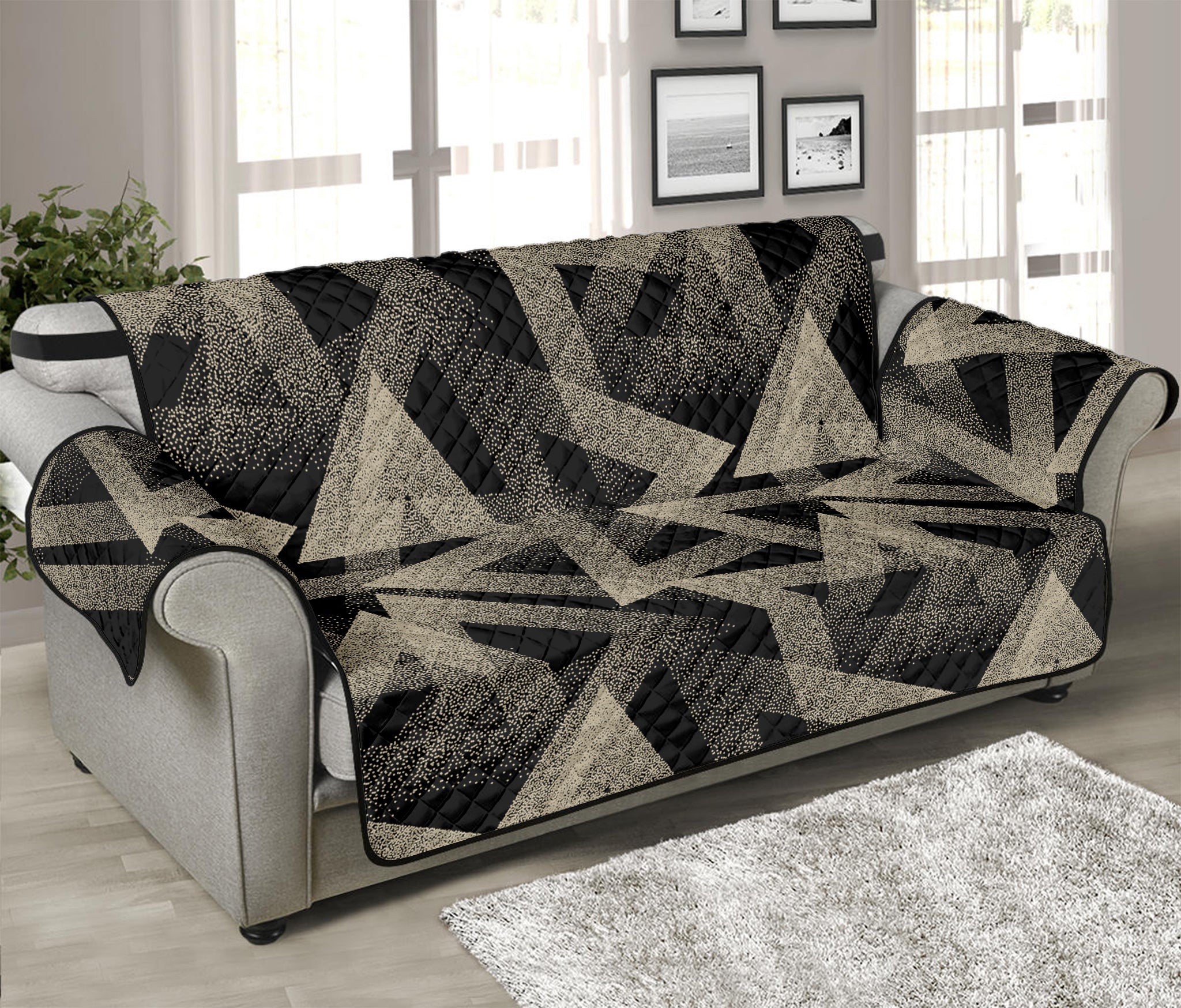 Black And Beige Geometric Triangle Print Sofa Protector