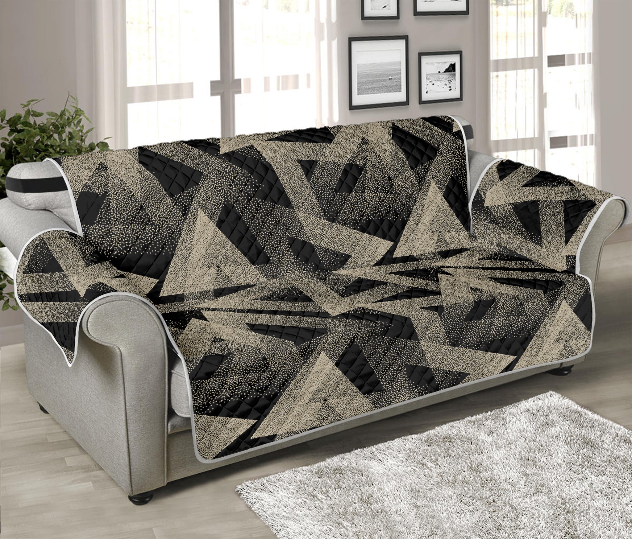 Black And Beige Geometric Triangle Print Sofa Protector