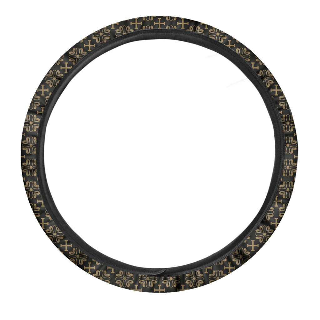 Black And Beige Orthodox Pattern Print Car Steering Wheel Cover