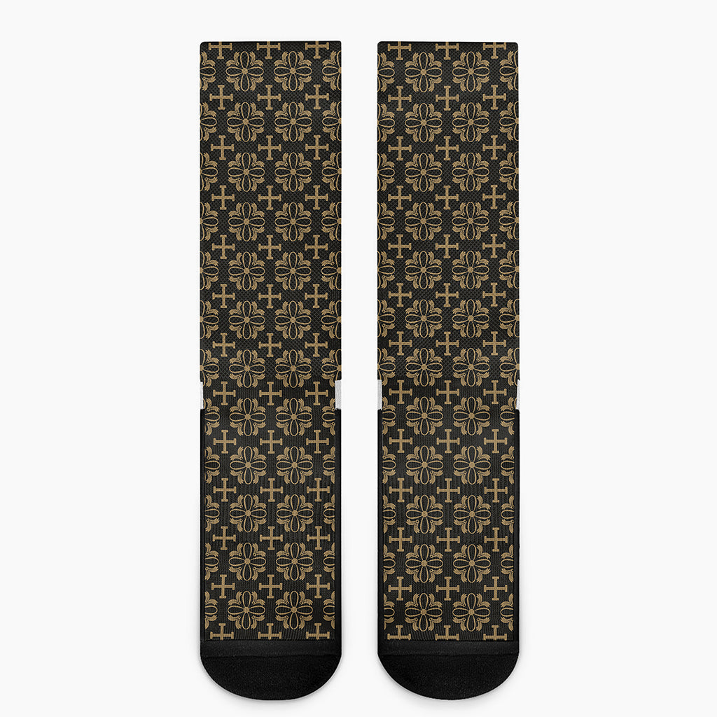 Black And Beige Orthodox Pattern Print Crew Socks