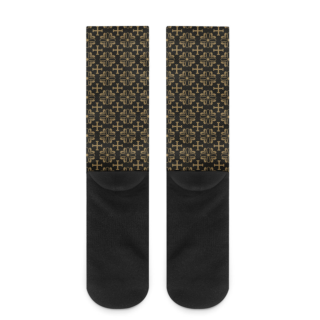 Black And Beige Orthodox Pattern Print Crew Socks