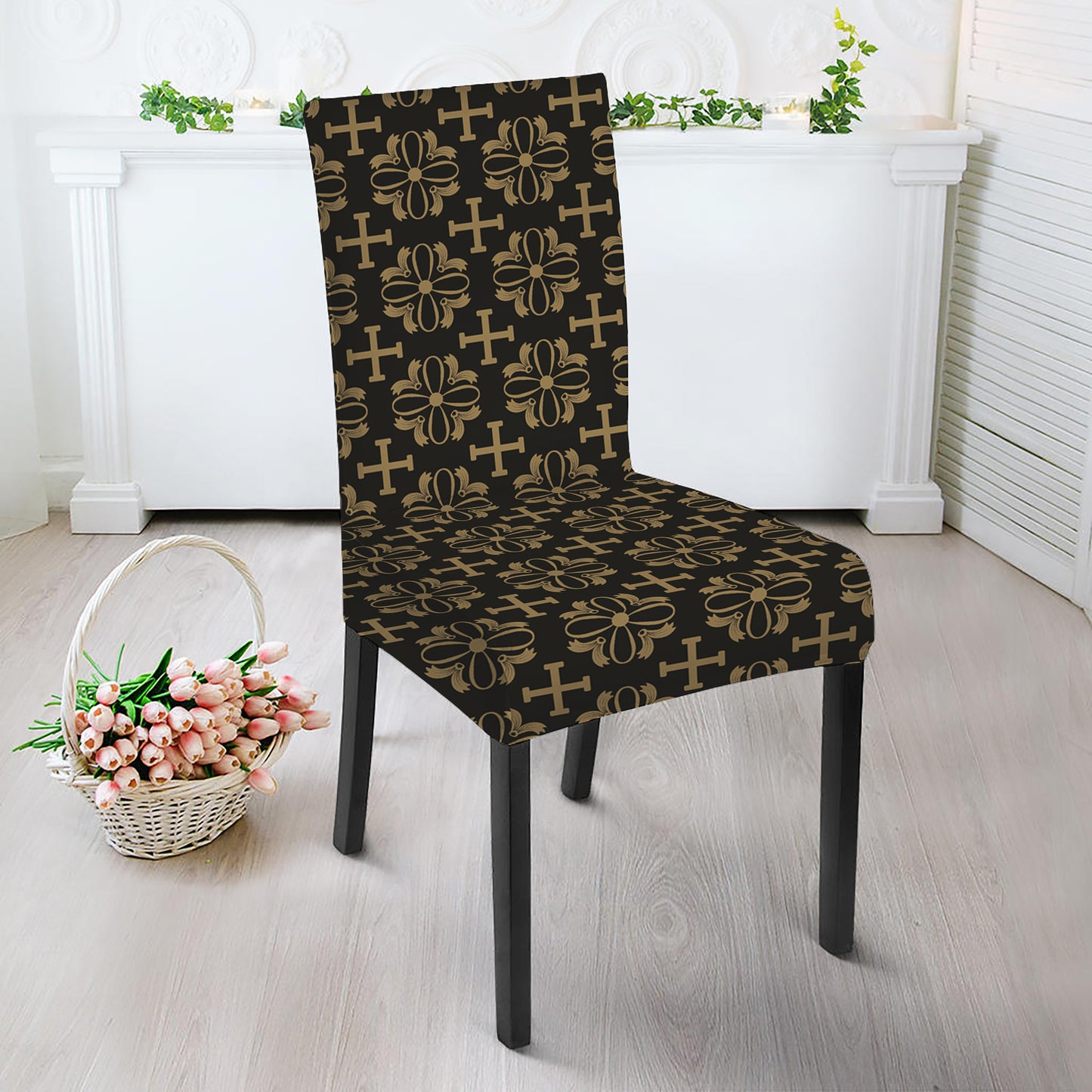 Black And Beige Orthodox Pattern Print Dining Chair Slipcover