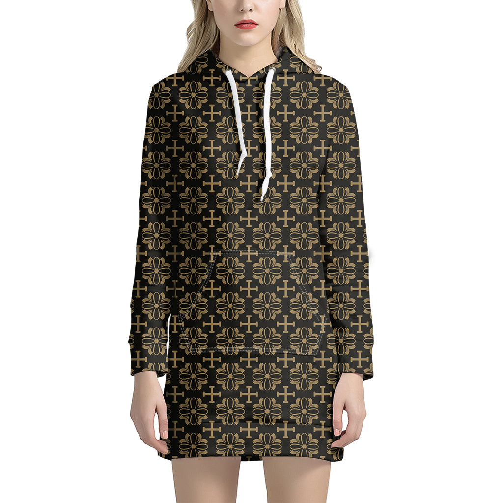 Black And Beige Orthodox Pattern Print Hoodie Dress