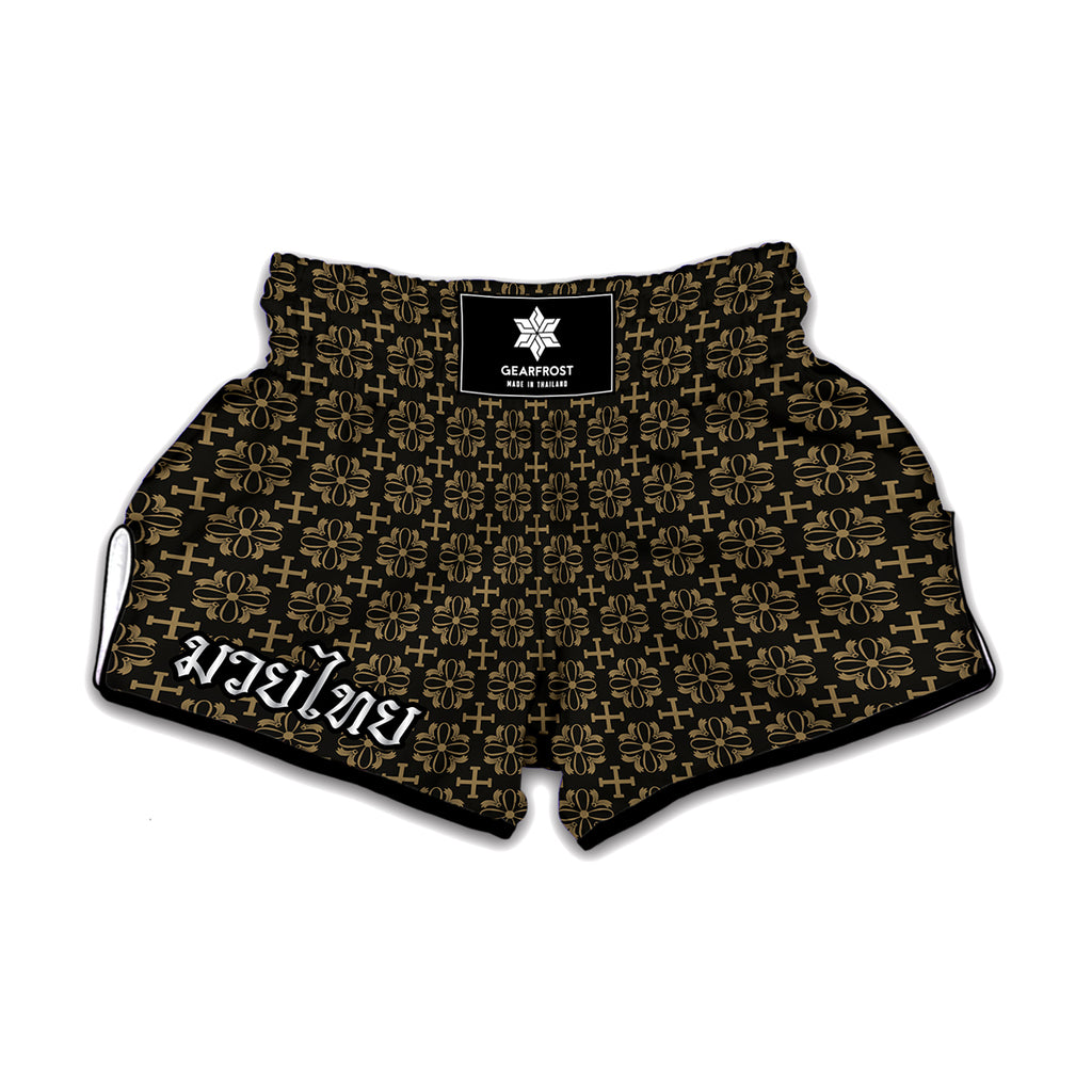 Black And Beige Orthodox Pattern Print Muay Thai Boxing Shorts
