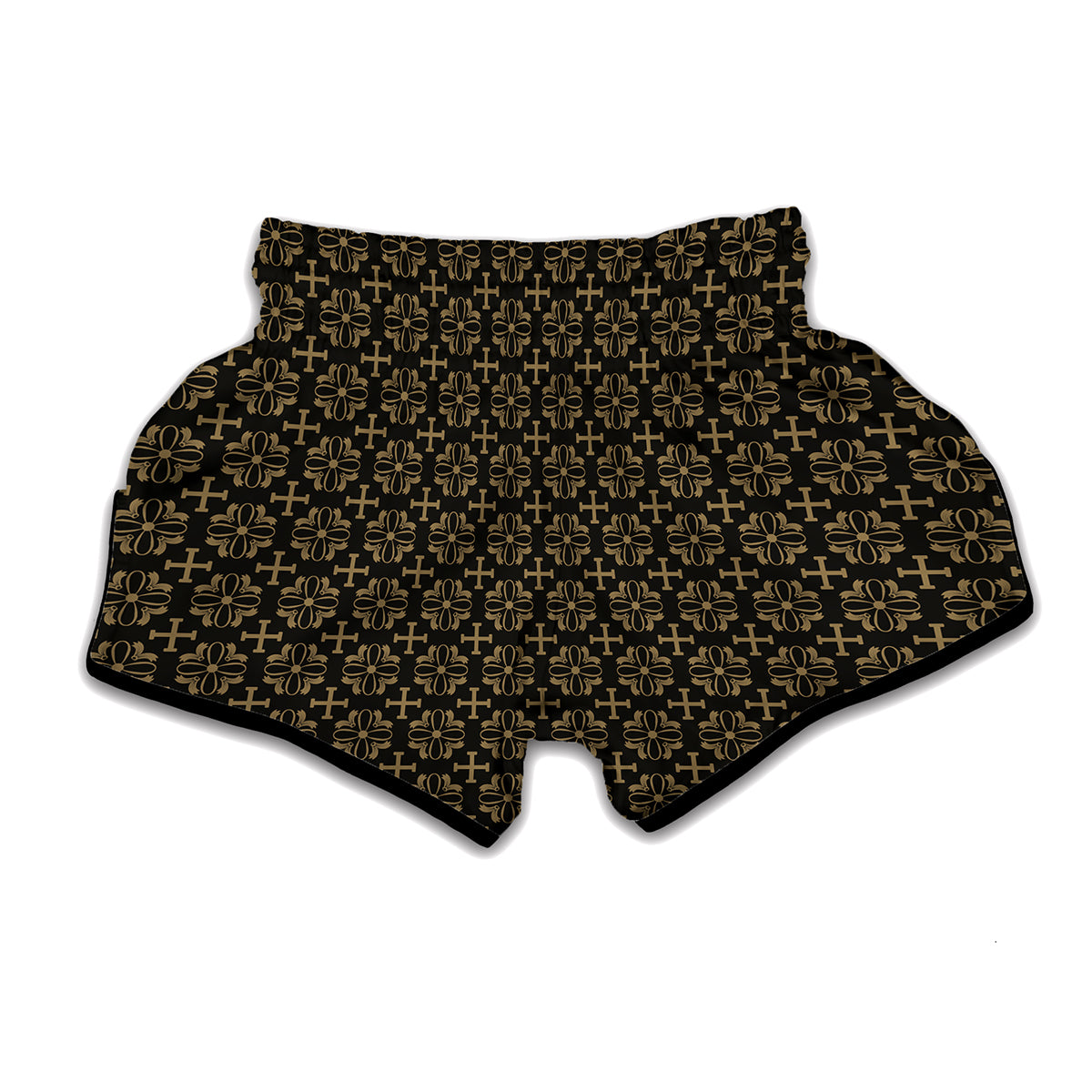 Black And Beige Orthodox Pattern Print Muay Thai Boxing Shorts