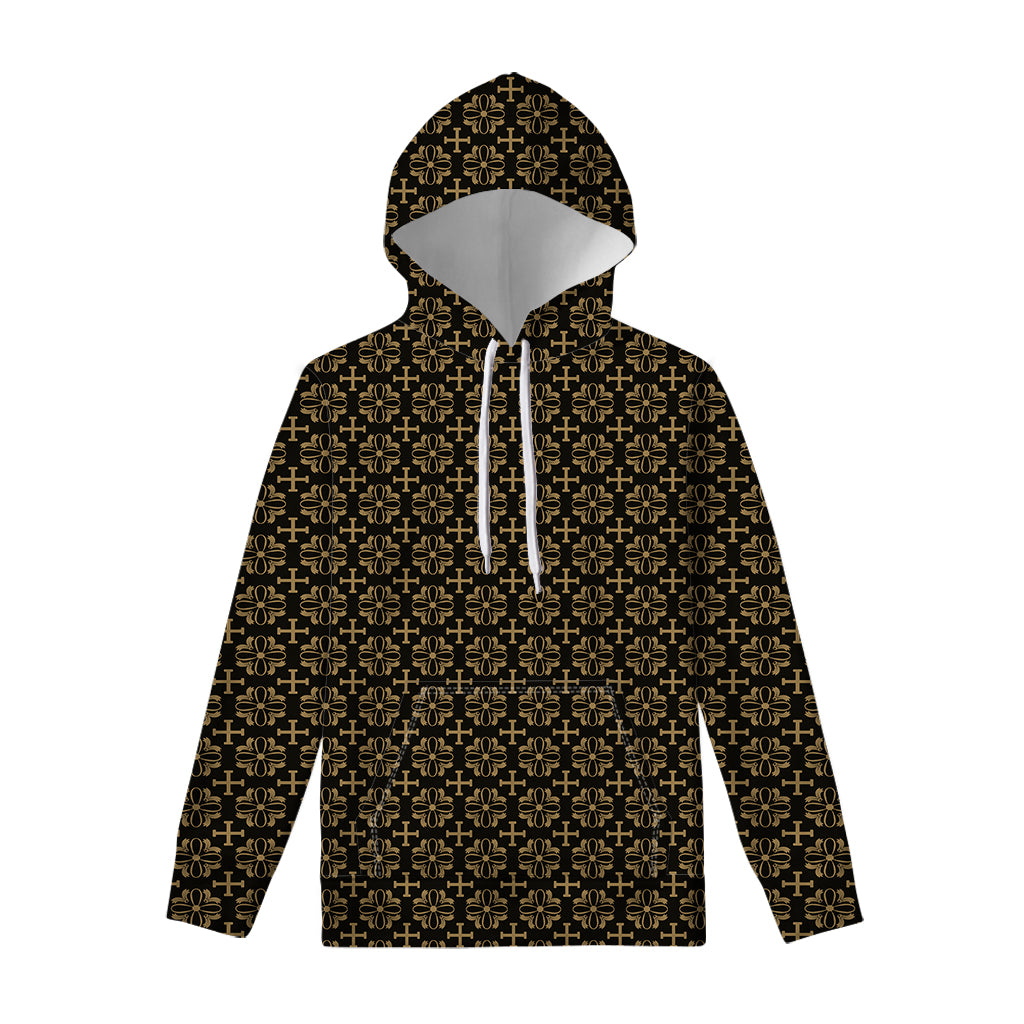 Black And Beige Orthodox Pattern Print Pullover Hoodie