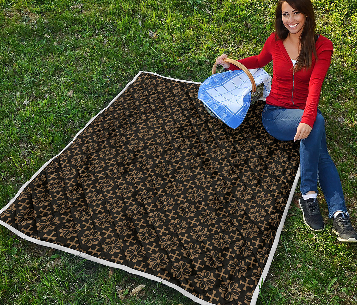 Black And Beige Orthodox Pattern Print Quilt