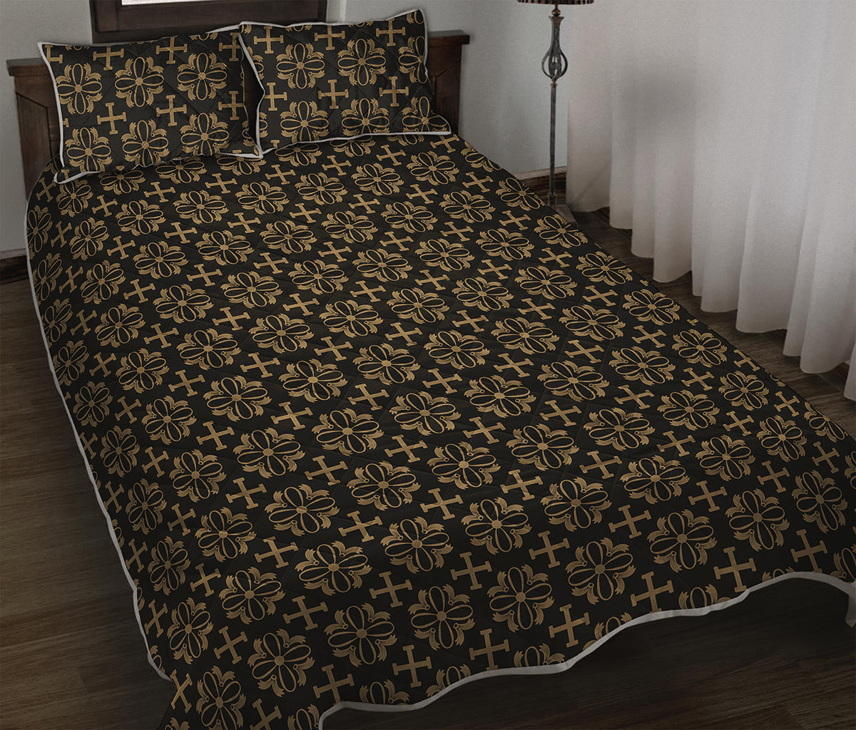 Black And Beige Orthodox Pattern Print Quilt Bed Set