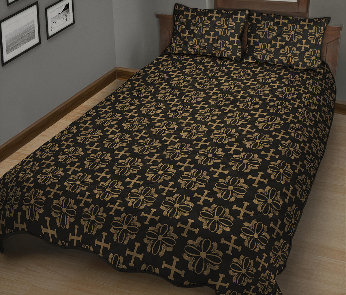 Black And Beige Orthodox Pattern Print Quilt Bed Set