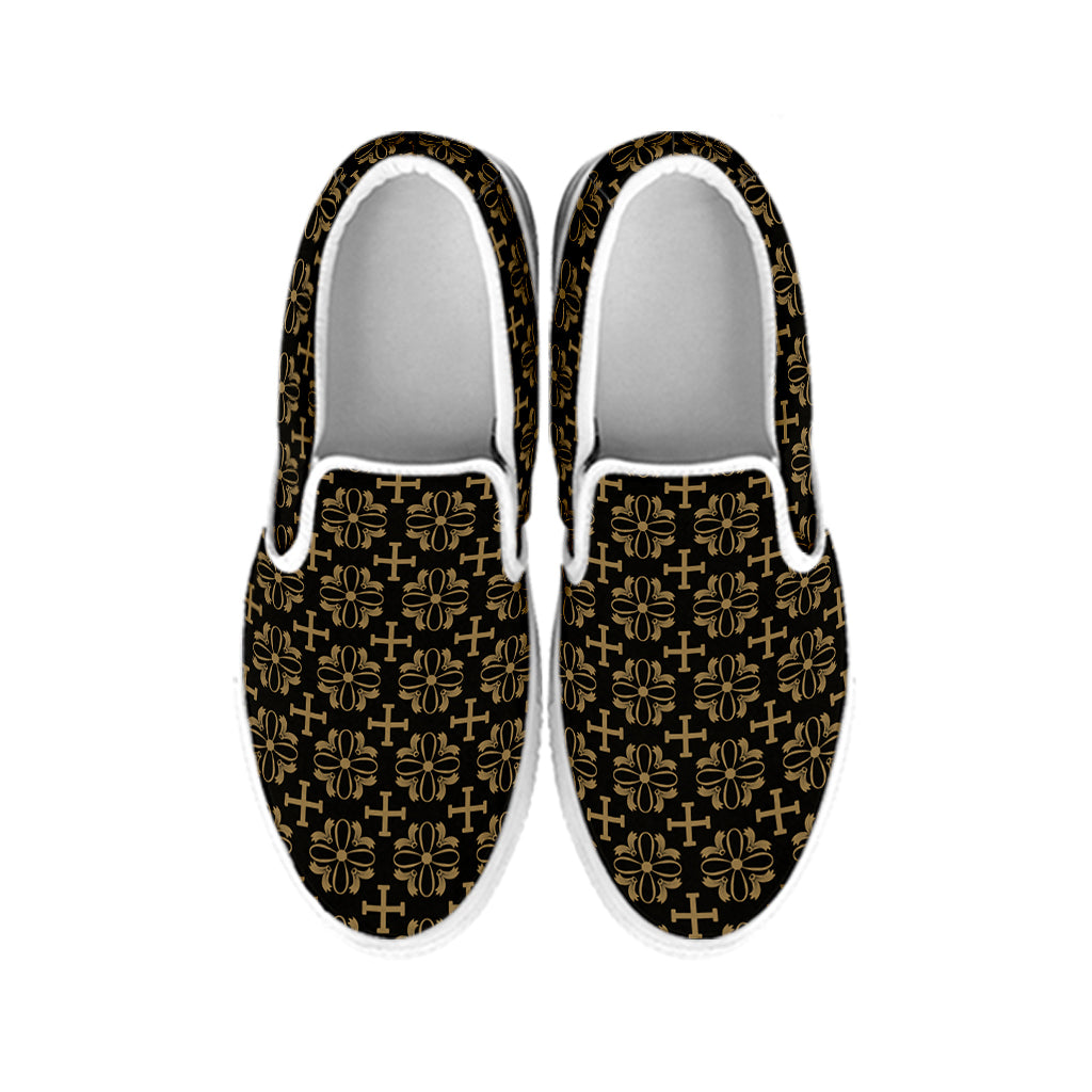 Black And Beige Orthodox Pattern Print White Slip On Shoes