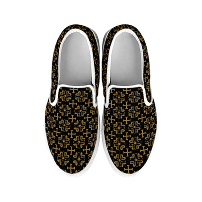 Black And Beige Orthodox Pattern Print White Slip On Shoes
