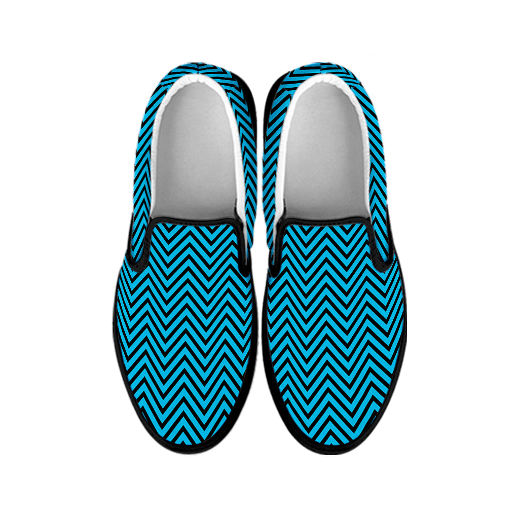 Black And Blue Chevron Pattern Print Black Slip On Shoes