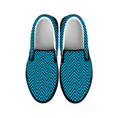 Black And Blue Chevron Pattern Print Black Slip On Shoes