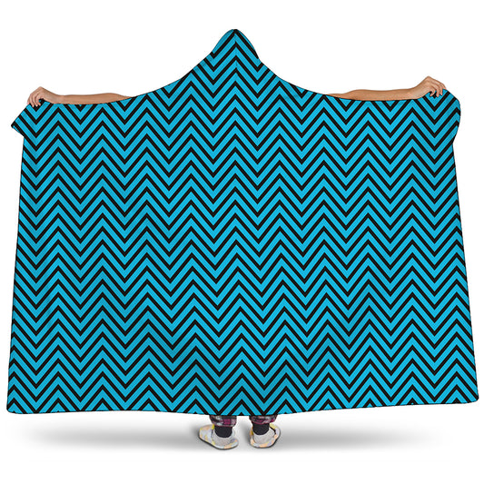 Black And Blue Chevron Pattern Print Hooded Blanket