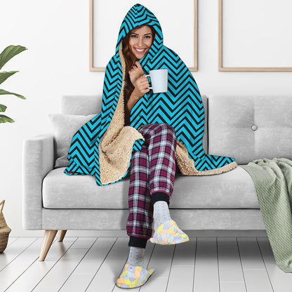Black And Blue Chevron Pattern Print Hooded Blanket