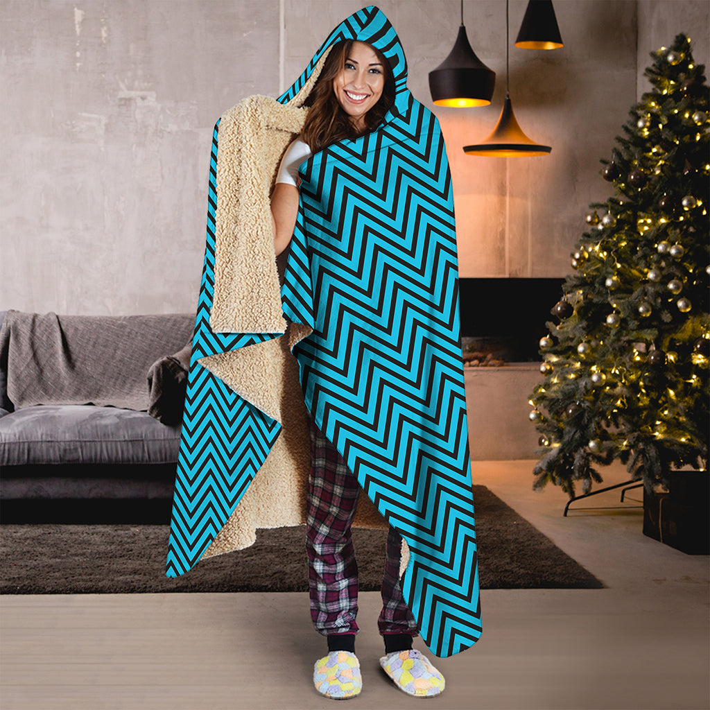 Black And Blue Chevron Pattern Print Hooded Blanket