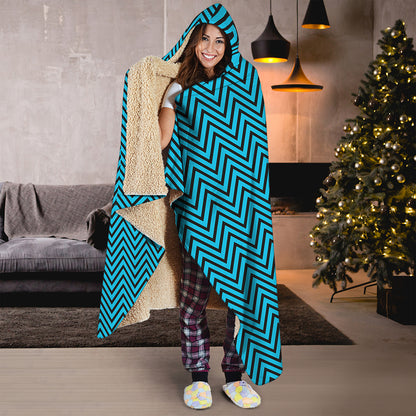 Black And Blue Chevron Pattern Print Hooded Blanket