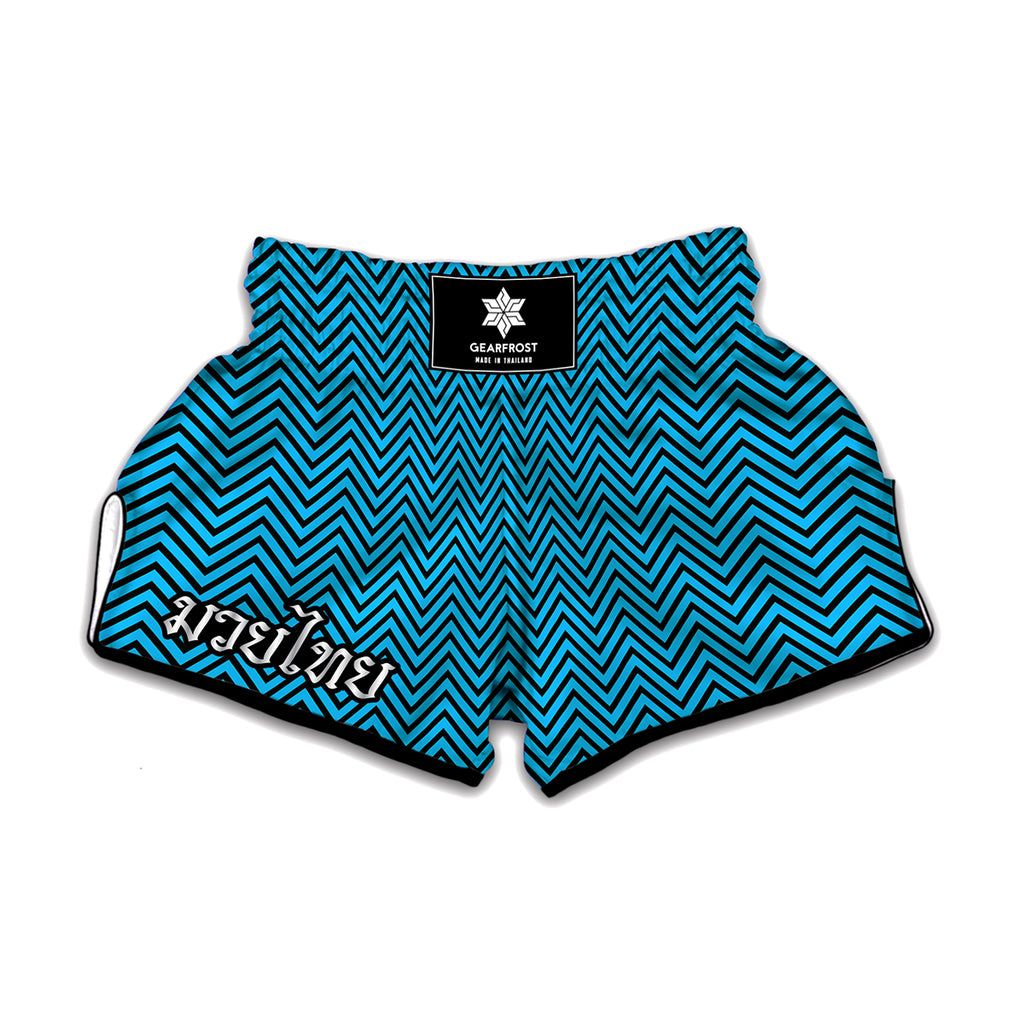 Black And Blue Chevron Pattern Print Muay Thai Boxing Shorts