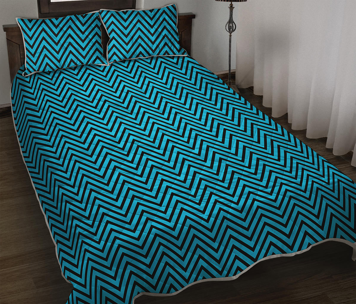 Black And Blue Chevron Pattern Print Quilt Bed Set