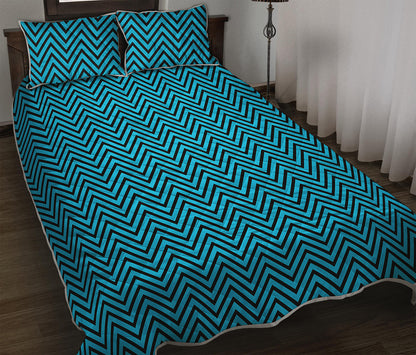 Black And Blue Chevron Pattern Print Quilt Bed Set