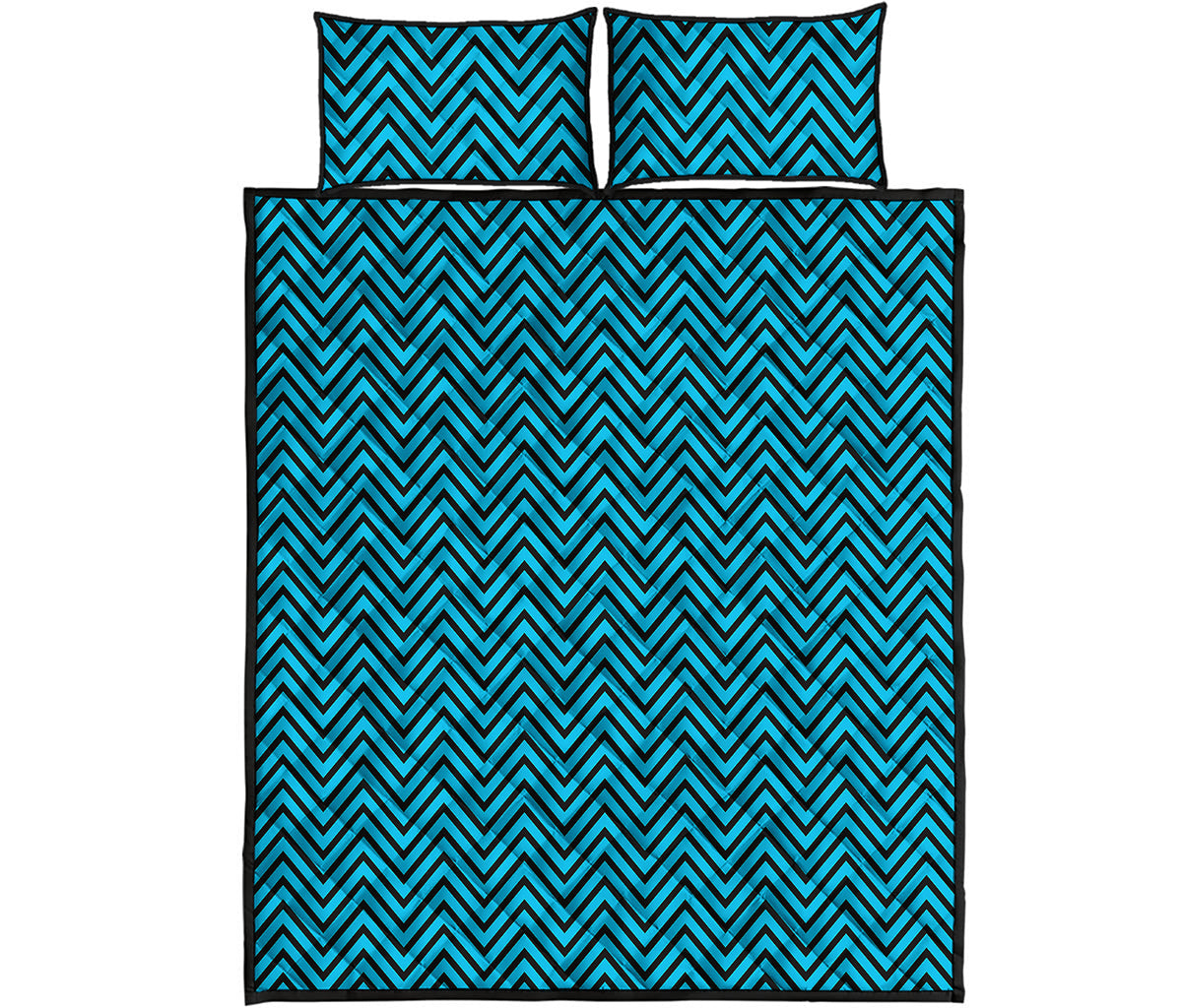 Black And Blue Chevron Pattern Print Quilt Bed Set