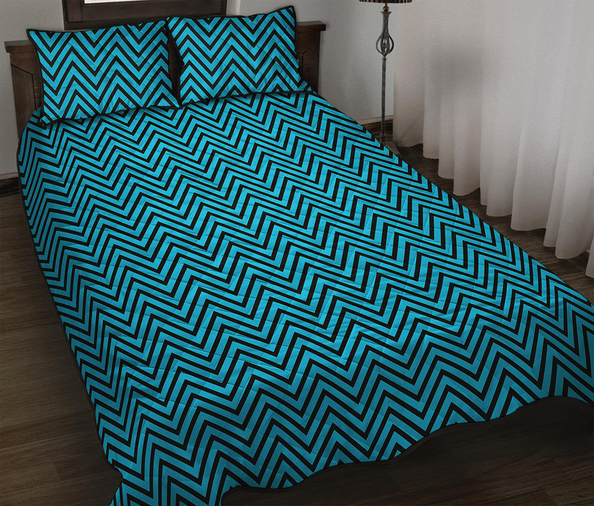Black And Blue Chevron Pattern Print Quilt Bed Set