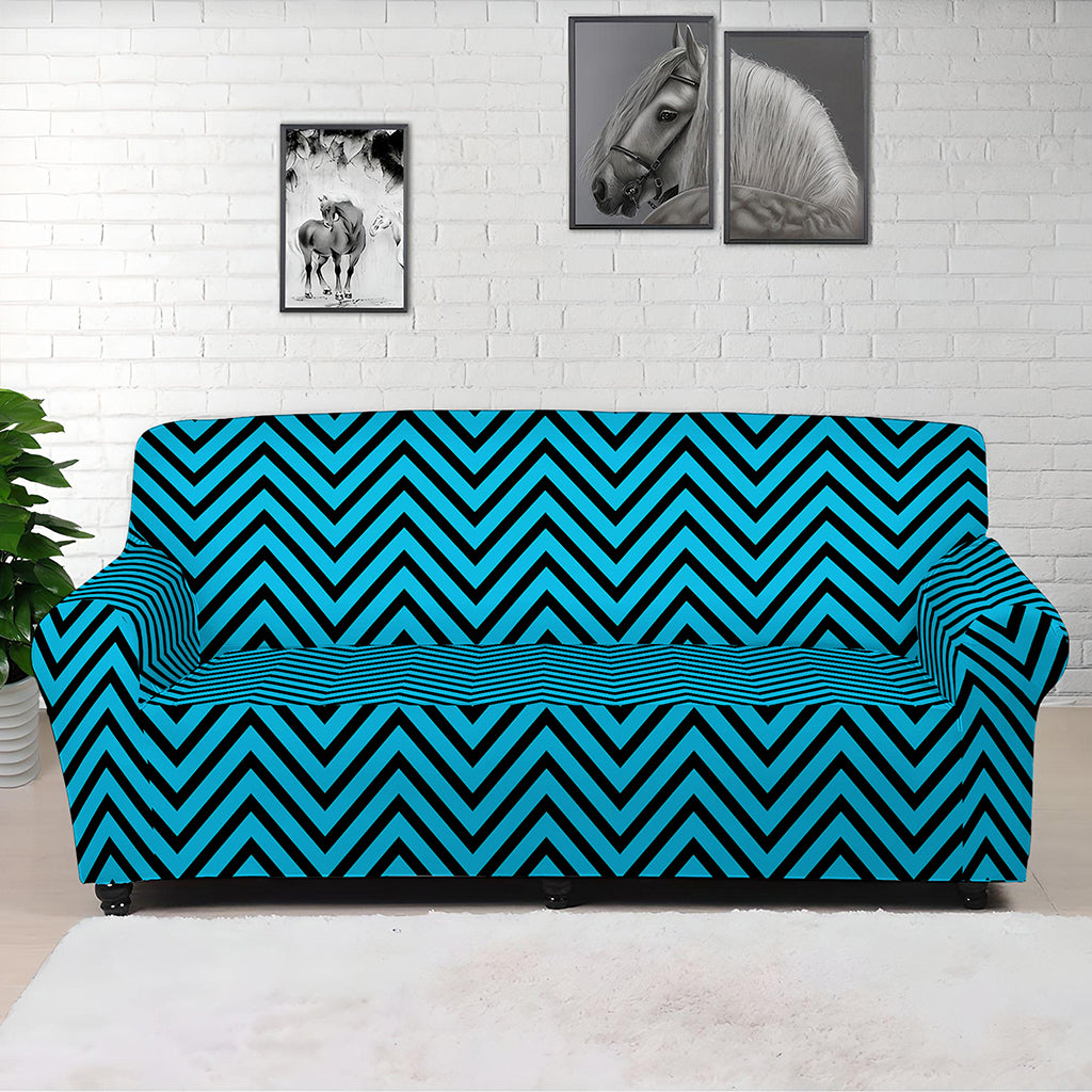 Black And Blue Chevron Pattern Print Sofa Cover