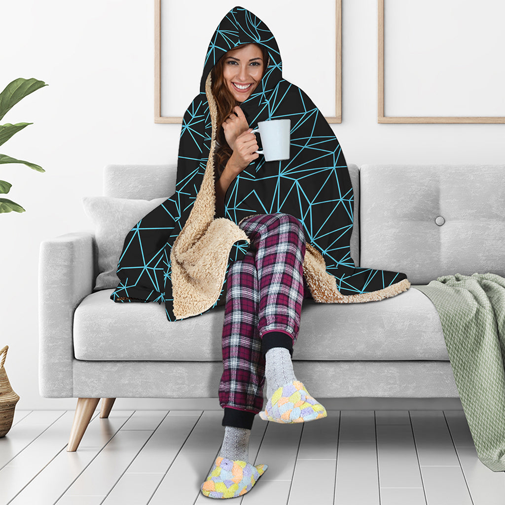 Black And Blue Geometric Mosaic Print Hooded Blanket