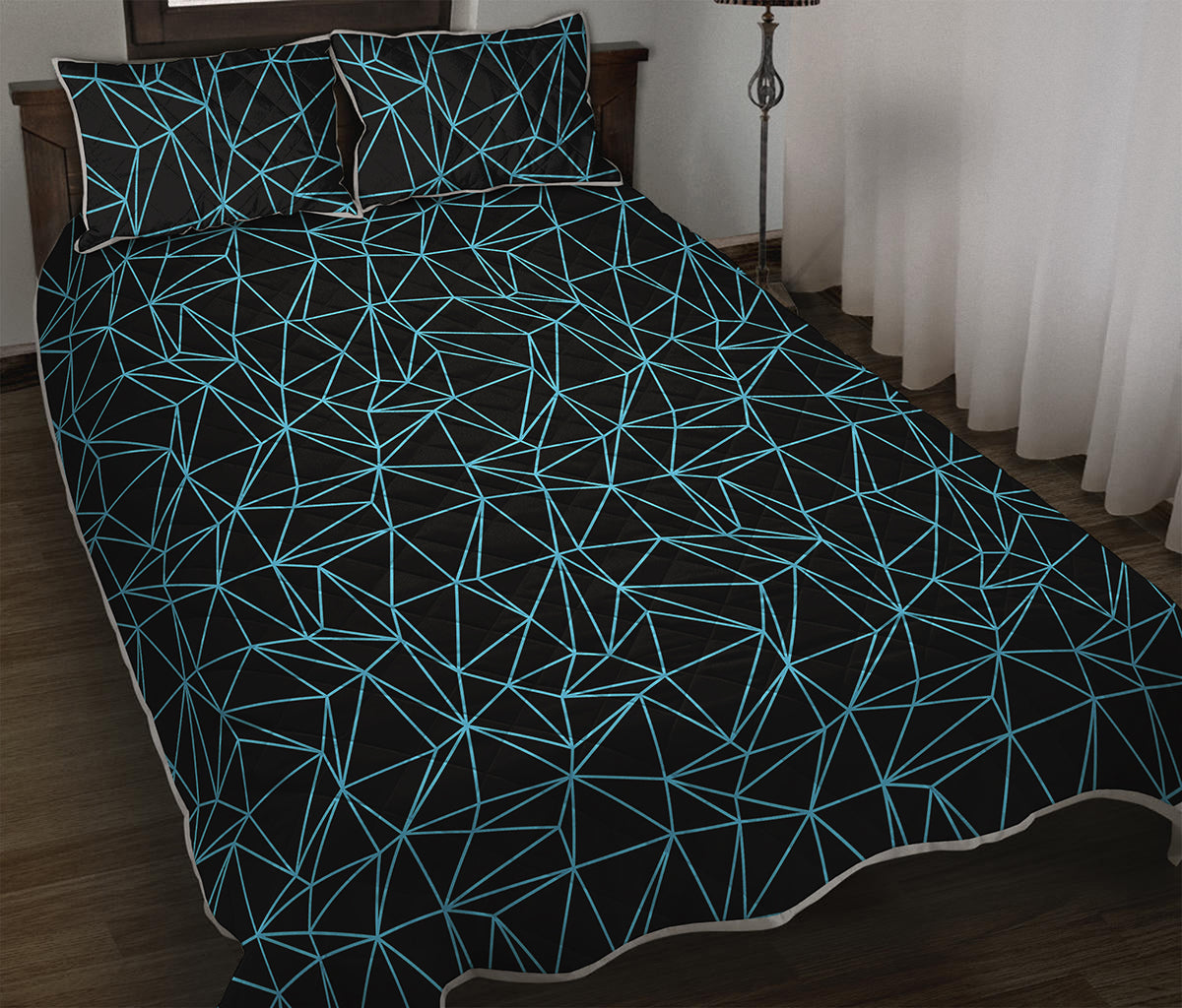 Black And Blue Geometric Mosaic Print Quilt Bed Set