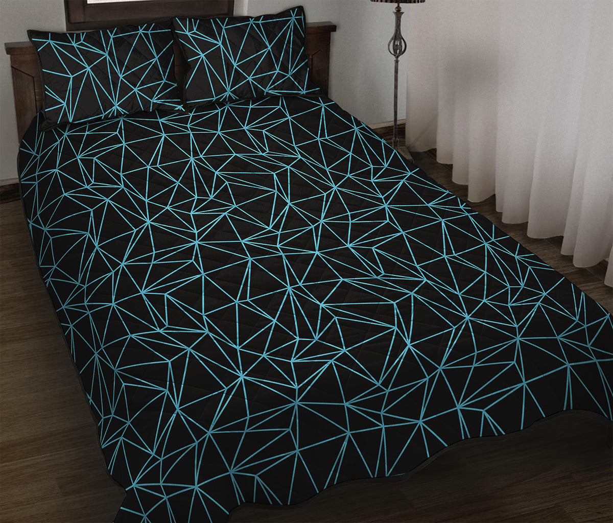 Black And Blue Geometric Mosaic Print Quilt Bed Set