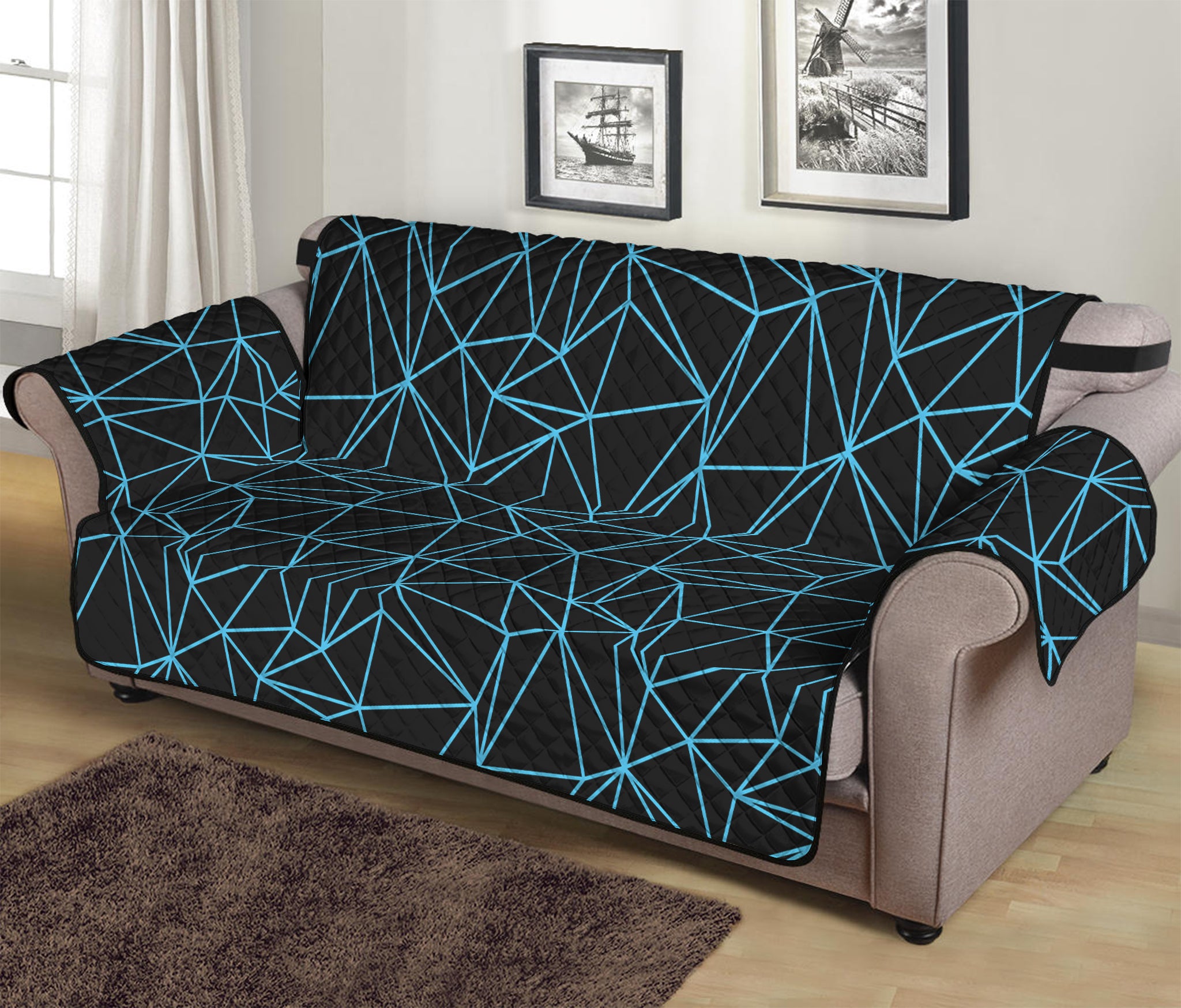 Black And Blue Geometric Mosaic Print Sofa Protector