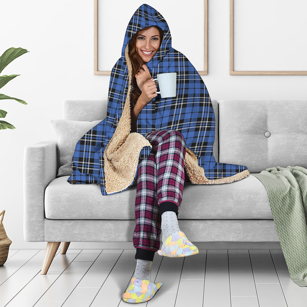 Black And Blue Tartan Pattern Print Hooded Blanket