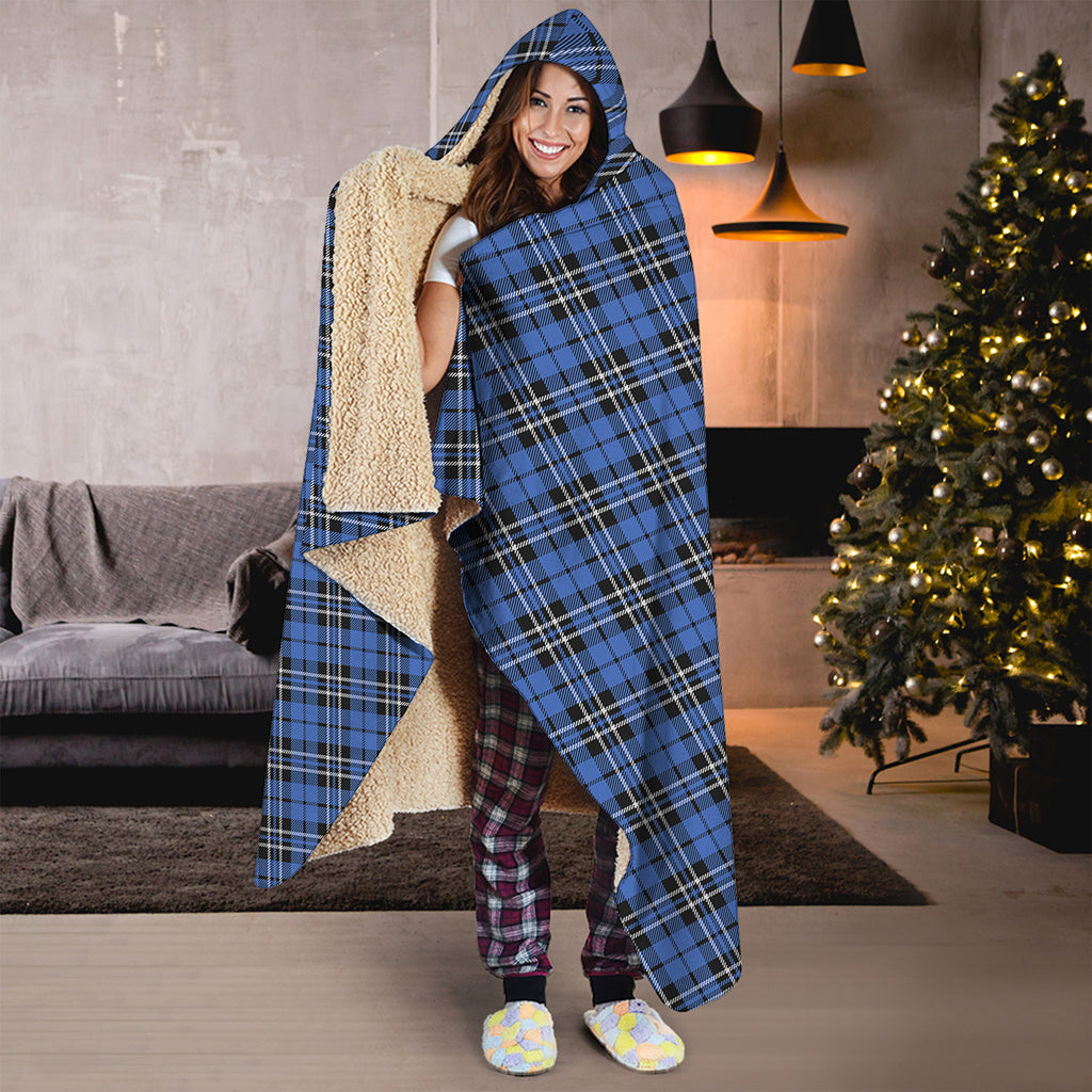 Black And Blue Tartan Pattern Print Hooded Blanket