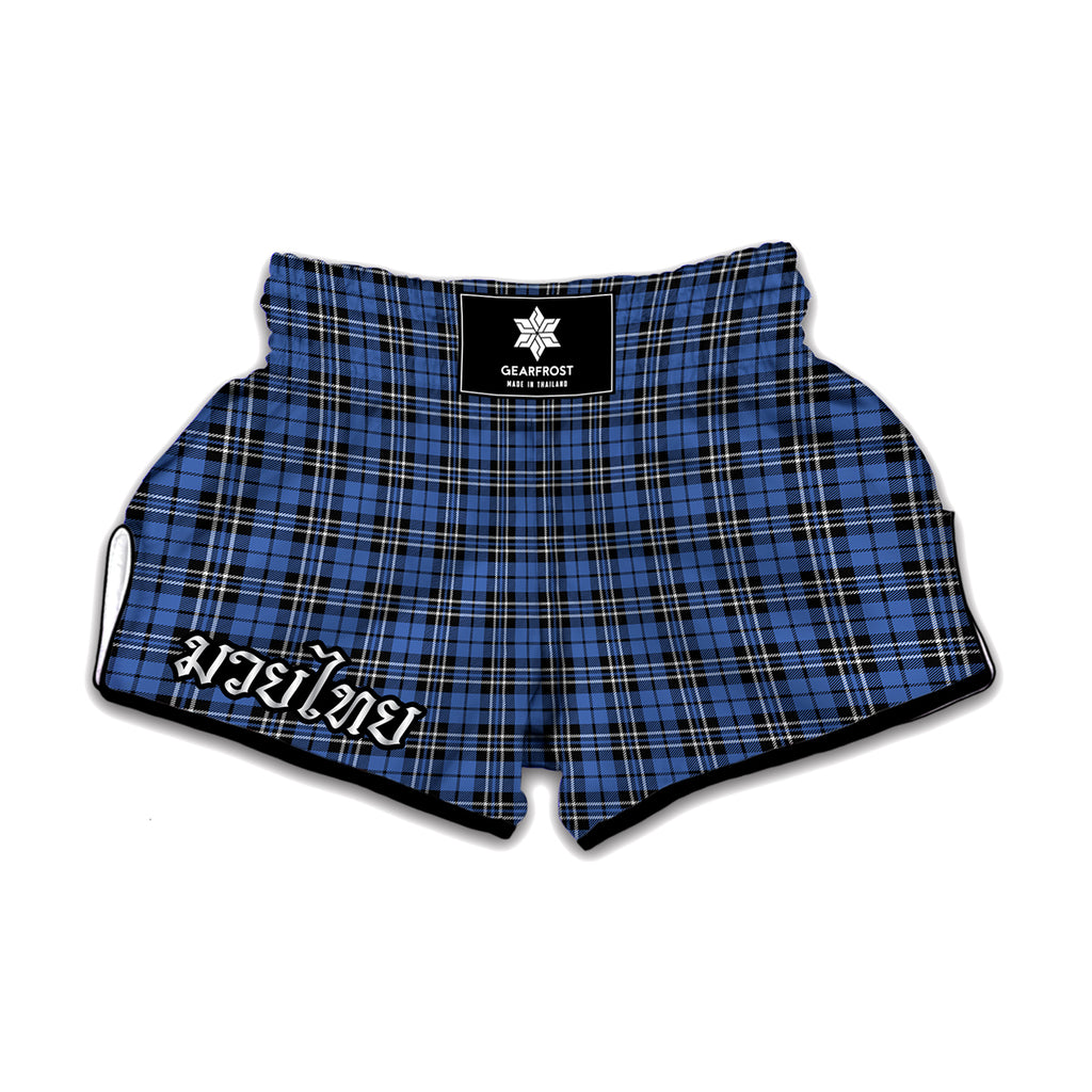 Black And Blue Tartan Pattern Print Muay Thai Boxing Shorts