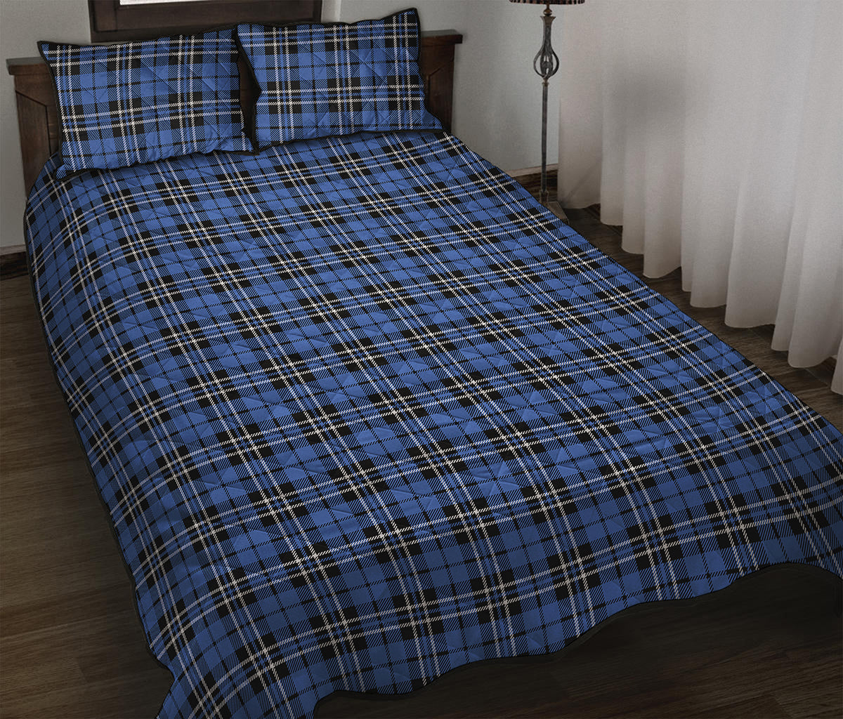 Black And Blue Tartan Pattern Print Quilt Bed Set