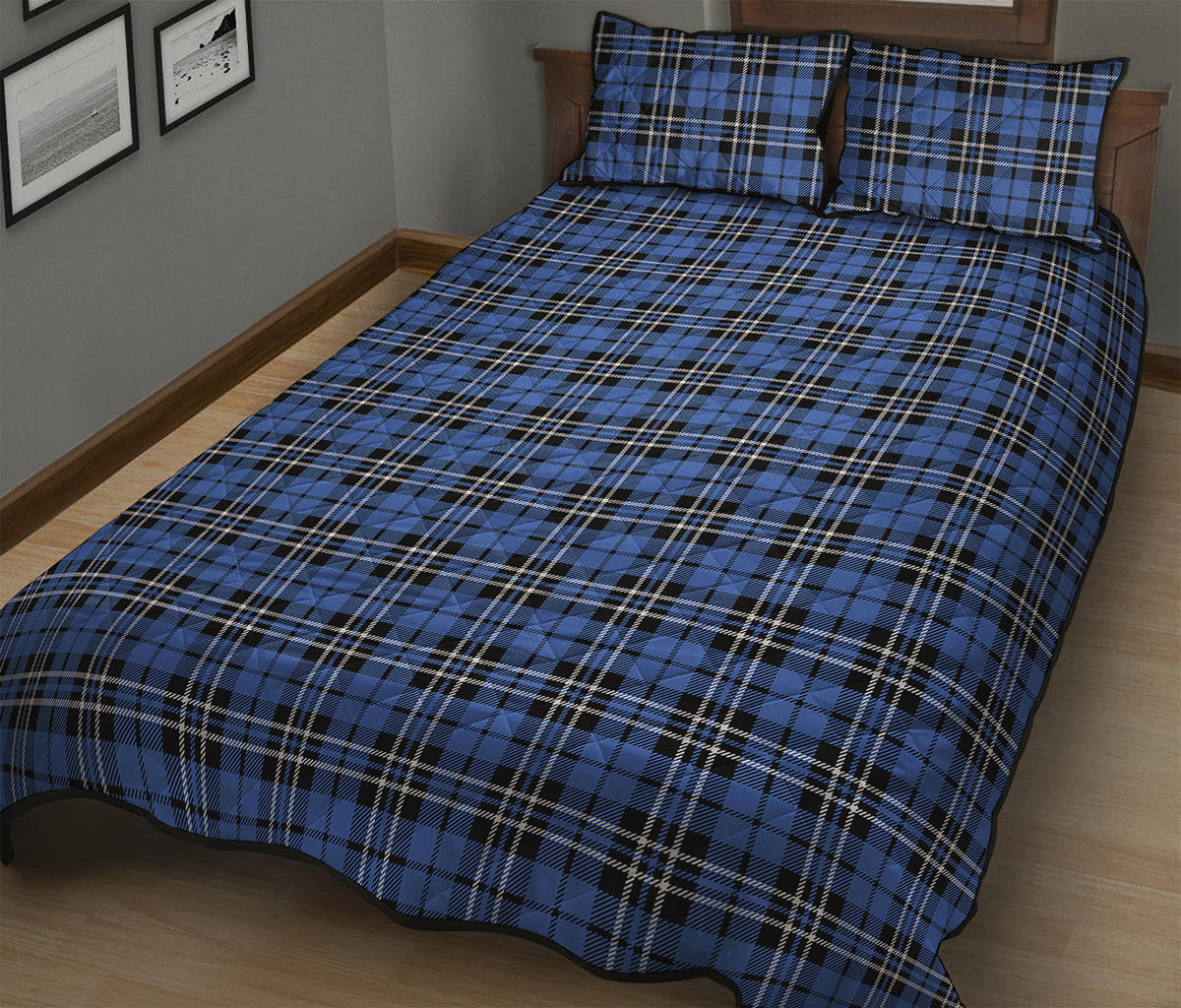 Black And Blue Tartan Pattern Print Quilt Bed Set