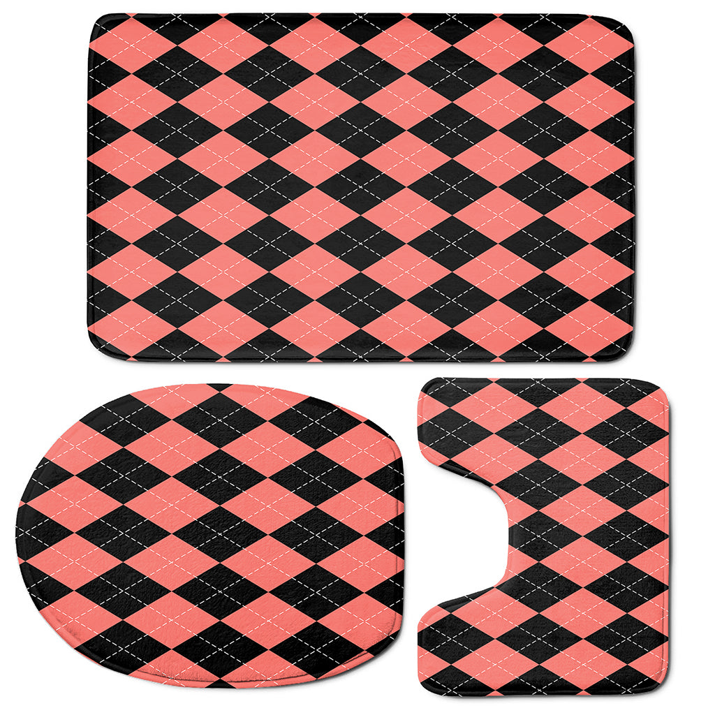 Black And Coral Argyle Pattern Print 3 Piece Bath Mat Set