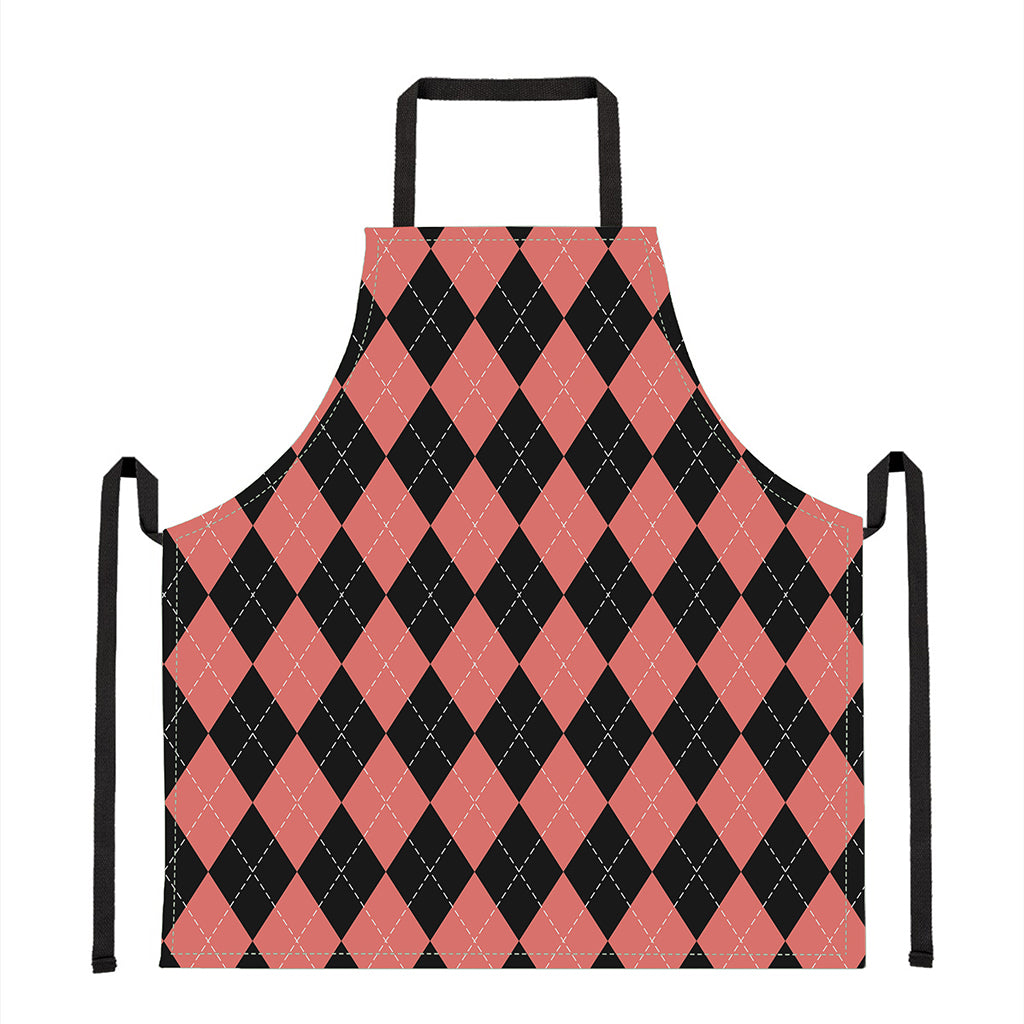 Black And Coral Argyle Pattern Print Apron