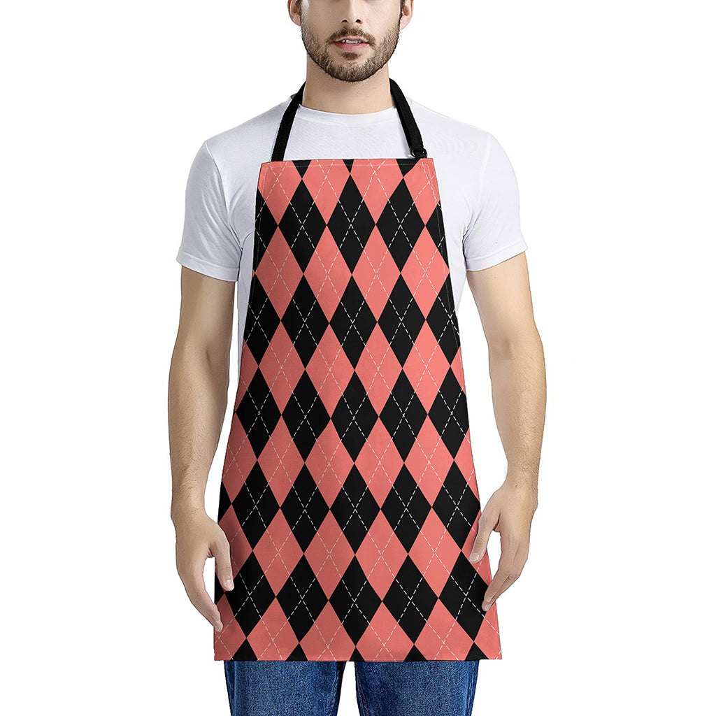 Black And Coral Argyle Pattern Print Apron