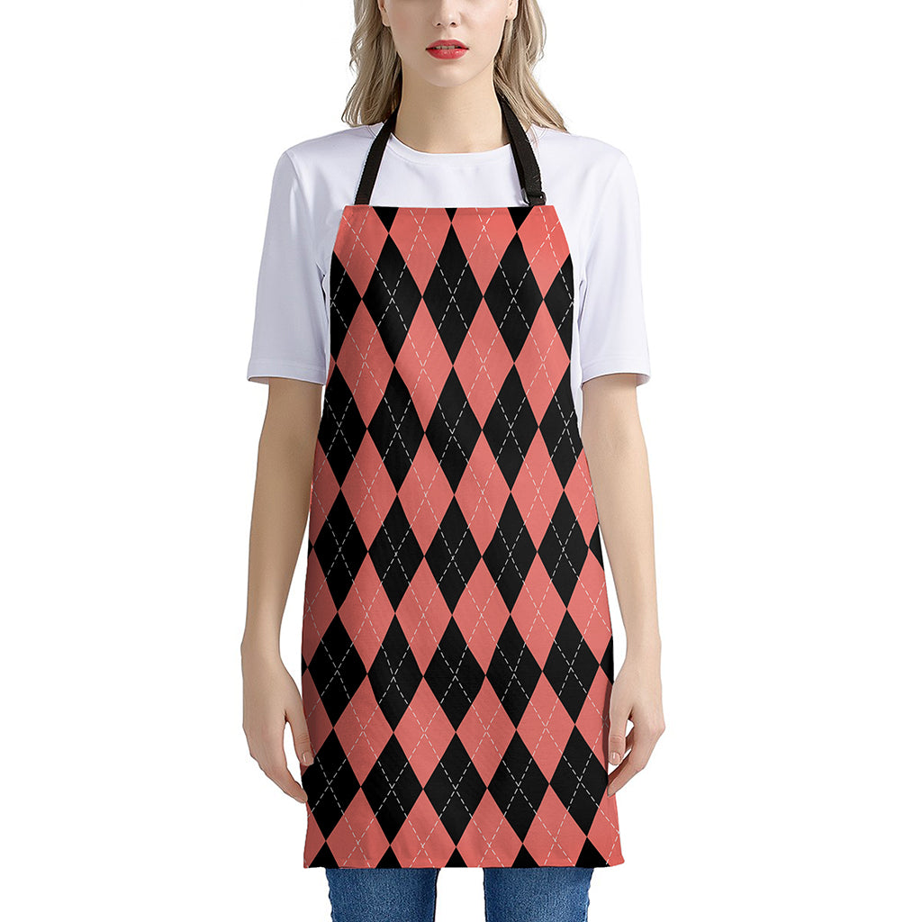 Black And Coral Argyle Pattern Print Apron