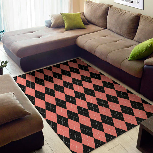Black And Coral Argyle Pattern Print Area Rug