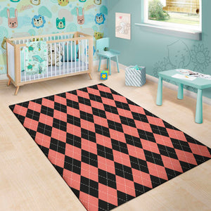 Black And Coral Argyle Pattern Print Area Rug