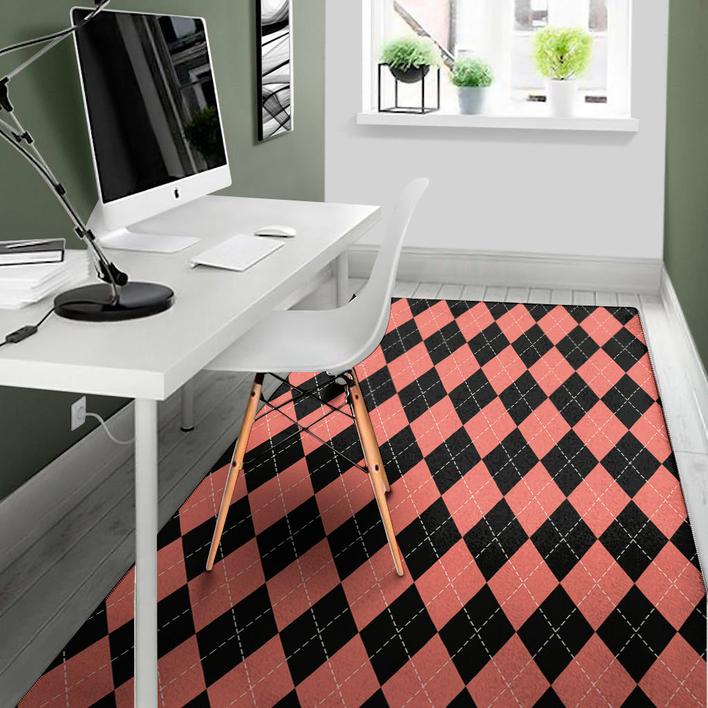 Black And Coral Argyle Pattern Print Area Rug