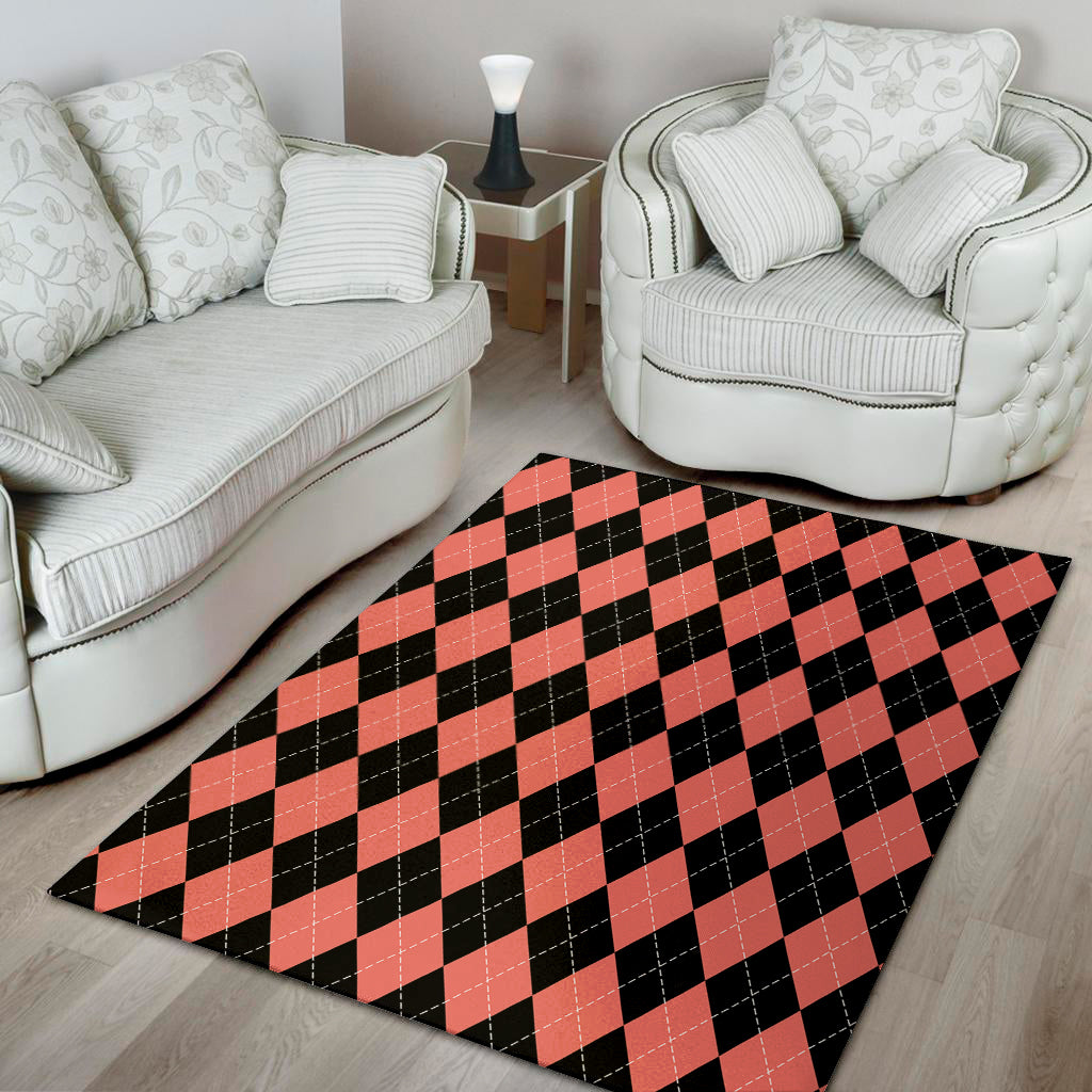 Black And Coral Argyle Pattern Print Area Rug