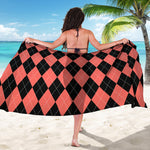 Black And Coral Argyle Pattern Print Beach Sarong Wrap