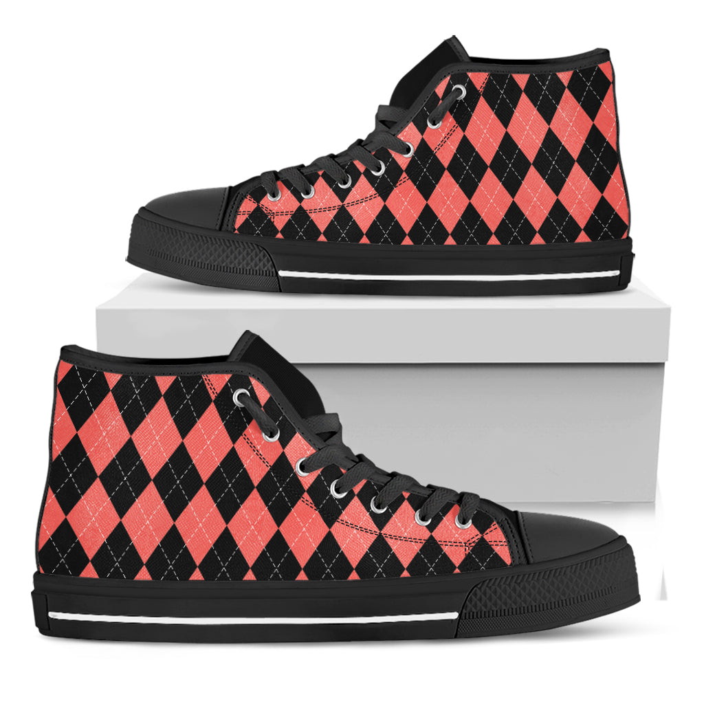 Black And Coral Argyle Pattern Print Black High Top Shoes